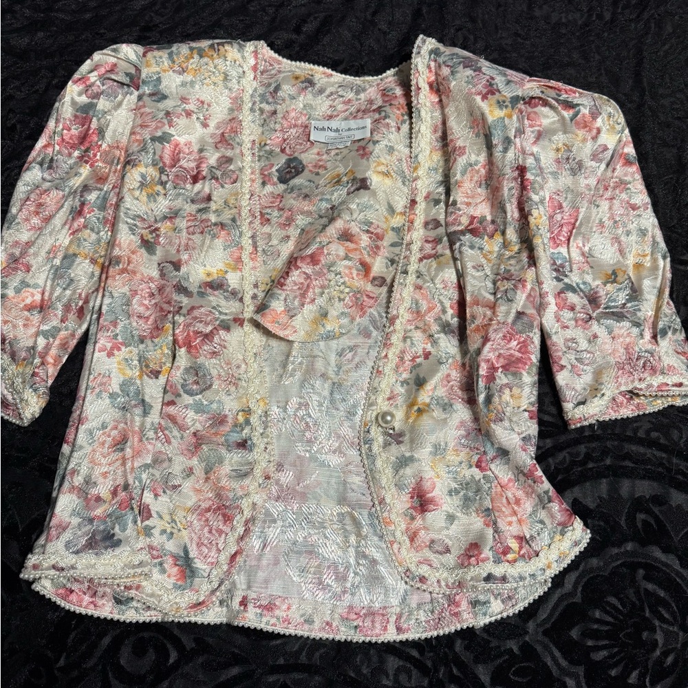 Floral Women's Blazer with Lace Trim